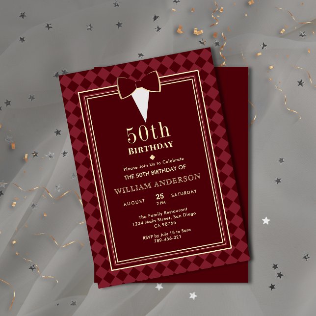 Invitación Fiesta con tema de esmoquin Glamuroso Terciopelo B (Glamorous Velvet Burgundy Gold Tuxedo Theme Party Invitation )