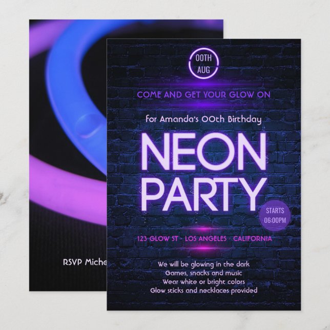 Invitación Fiesta con tema de neón que brilla en la oscuridad (Anverso / Reverso)