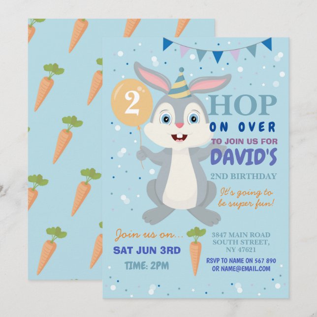 Invitación Fiesta conejo de cumpleaños niños de pascua azul (Anverso / Reverso)