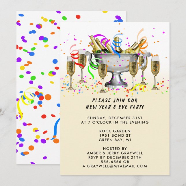 Invitación Fiesta Confetti y Espíritus de Año Nuevo, ZRP (Anverso / Reverso)