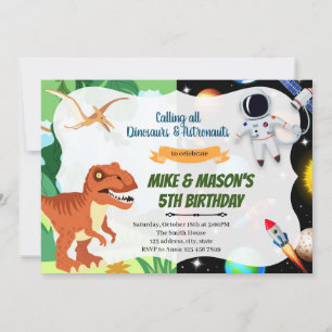 Invitación Fiesta conjunta de astronautas dinosaurios cohete