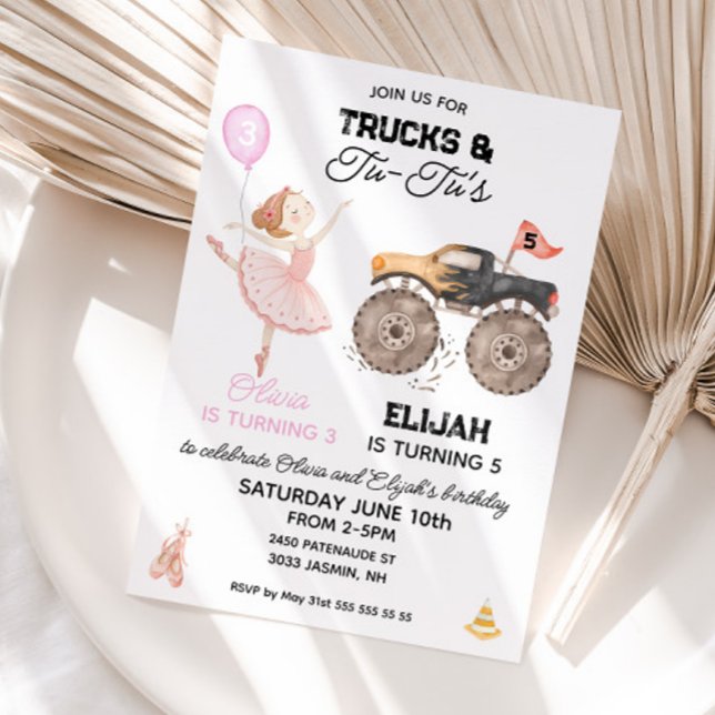 Invitación Fiesta conjunta de cumpleaños Bailarina y camión m (Monster truck and Ballerina joint sibling birthday invitation)