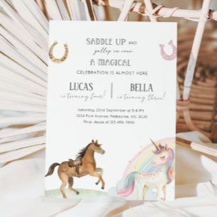 Invitación Fiesta conjunta de cumpleaños de Caballo y Unicorn