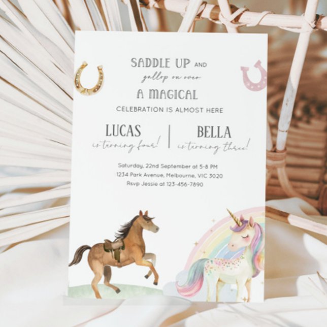 Invitación Fiesta conjunta de cumpleaños de Caballo y Unicorn (Subido por el creador)