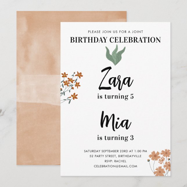 Invitación Fiesta Conjunta de Cumpleaños Doble Acuarela Flora (Anverso / Reverso)