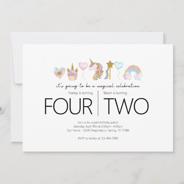 Invitación Fiesta conjunta de cumpleaños - Tema de Unicorn (Anverso)