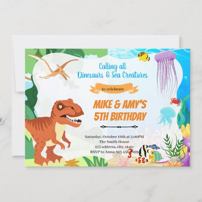 Invitación Fiesta conjunta de dinosaurio bajo el mar (Anverso)