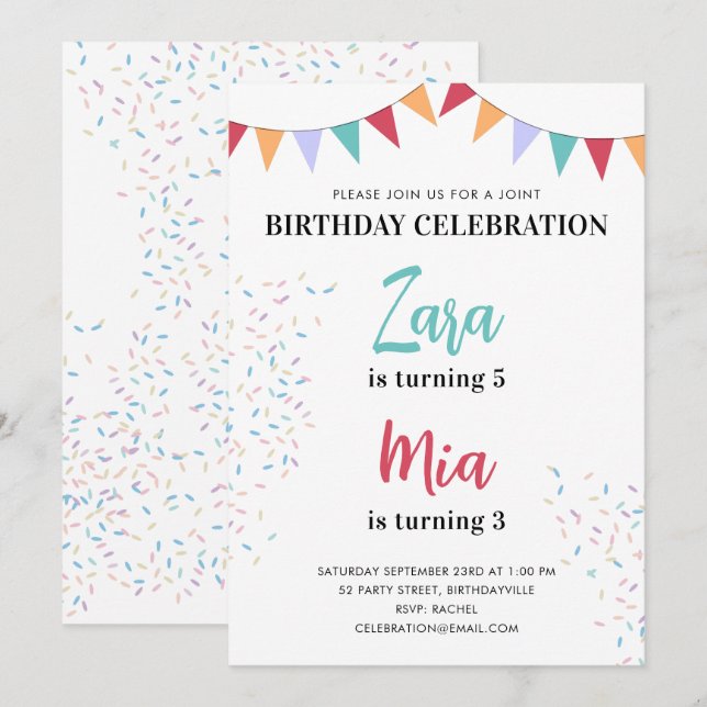 Invitación Fiesta conjunta de doble cumpleaños Colorido para  (Anverso / Reverso)