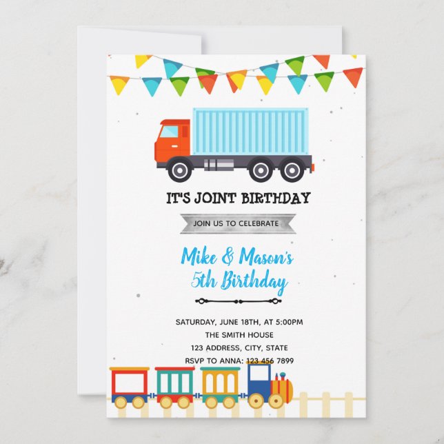 Invitación Fiesta conjunto de camiones y trenes (Anverso)