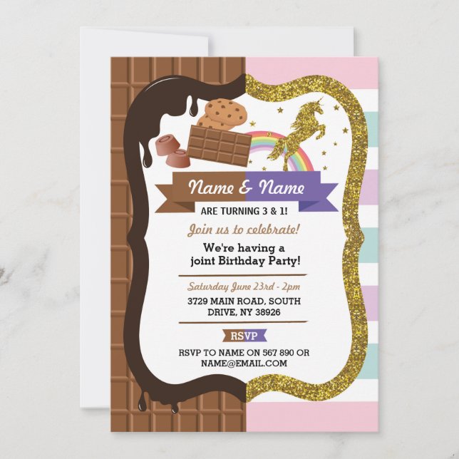 Invitación Fiesta conjunto de chocolate y unicornio CUALQUIER (Anverso)