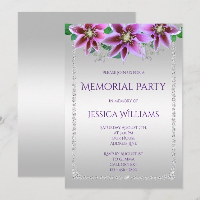 Invitación Fiesta conmemorativa de diamantes y flores con cla (Anverso / Reverso)