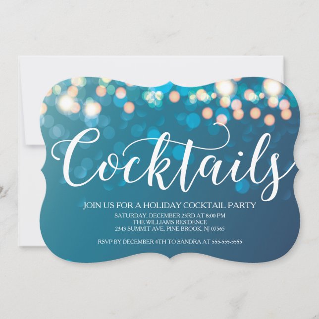 Invitación Fiesta contemporáneo de cócteles Blue Bokeh (Anverso)