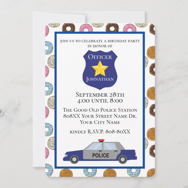 Invitación Fiesta Cop con donuts (Anverso)