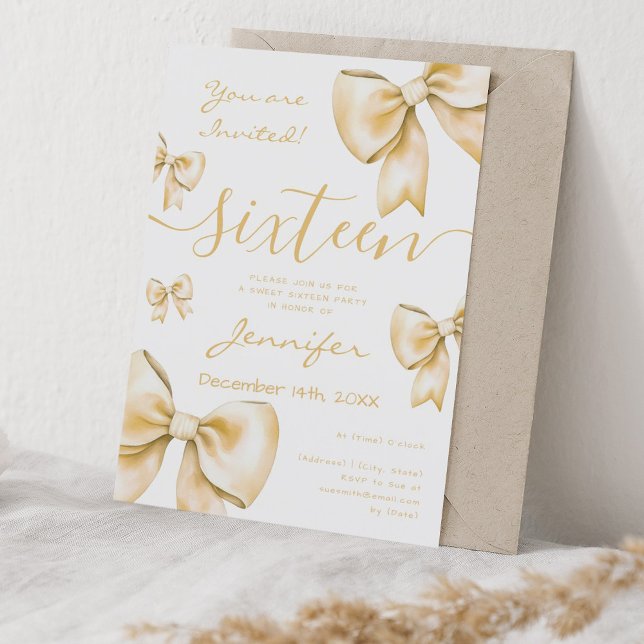 Invitación Fiesta Coquette Gold Bow Sweet 16 (Coquette Gold Bow Sweet 16 Party Invitation)