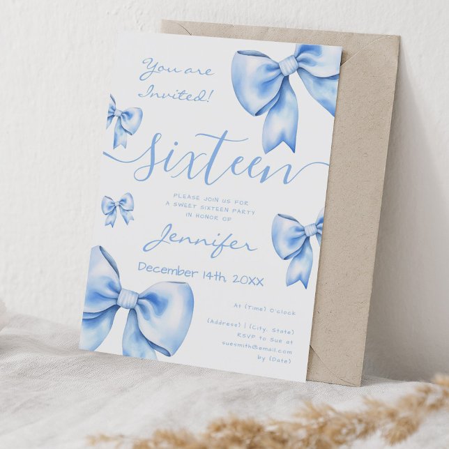 Invitación Fiesta Coquette Navy Blue Bow Sweet 16 (Coquette Navy Blue Bow Sweet 16 Party Invitation)
