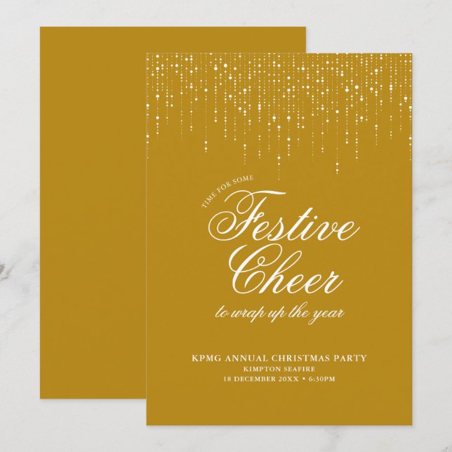 Invitación Fiesta Corporativa de Navidad Dorado Blanco Ánimo  (Anverso / Reverso)