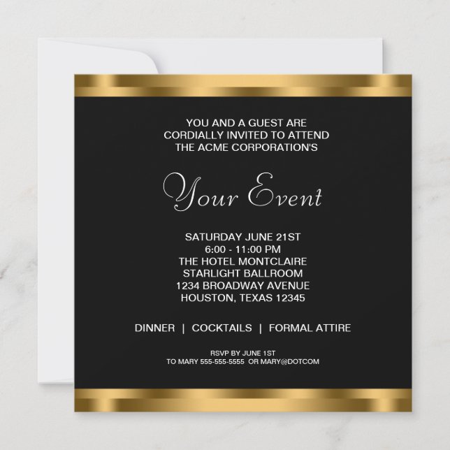 Invitación Fiesta corporativo de Black Tie de Black Gold Blac (Anverso)