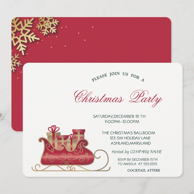 Invitación Fiesta corporativo de Navidades rojos con copos de (Anverso / Reverso)