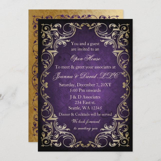 Invitación Fiesta corporativo Purple Gold (Anverso / Reverso)
