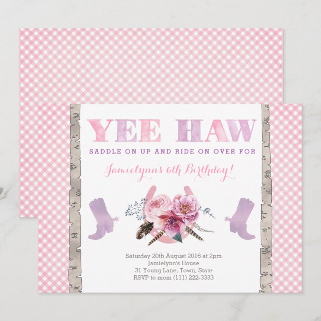 Invitación fiesta cowgirl invitada con botas y herradura (Anverso / Reverso)