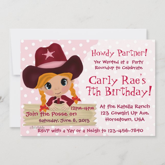 Invitación Fiesta Cowgirl Rosa (Anverso)