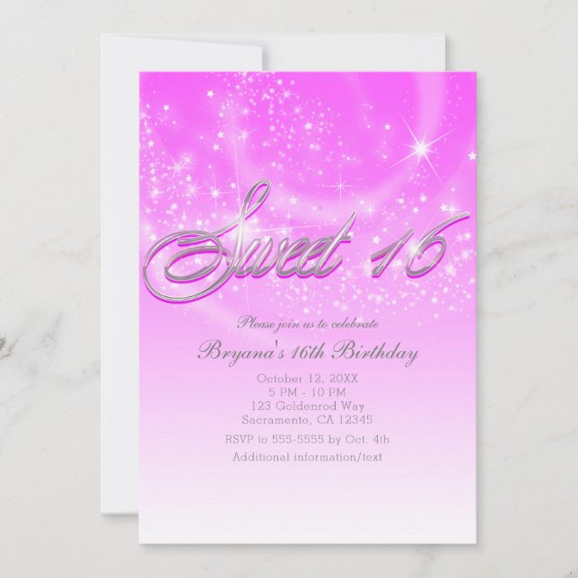 Invitación Fiesta Cumple 16 Rosado y Plateado con Estrellas B (Anverso)