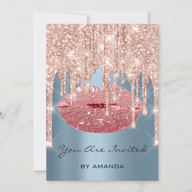 Invitación Fiesta Cumpleaños 16º Beso Rosa Purpurina Azul (Anverso)