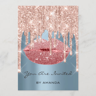 Invitación Fiesta Cumpleaños 16º Beso Rosa Purpurina Azul