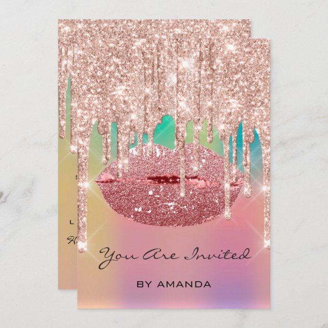 Invitación Fiesta Cumpleaños 16º Rosa de los labios de beso P (Anverso / Reverso)