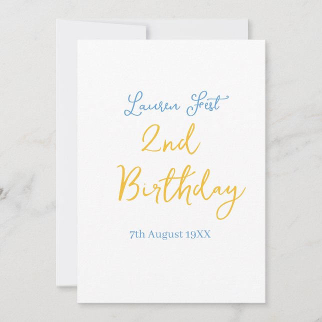 Invitación fiesta cumpleaños 2 nombre fecha amarillo azul boh (Anverso)