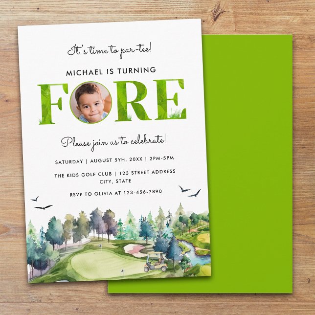 Invitación Fiesta Cumpleaños 4 Golf Cumpleaños Primera Foto (Front and Back)