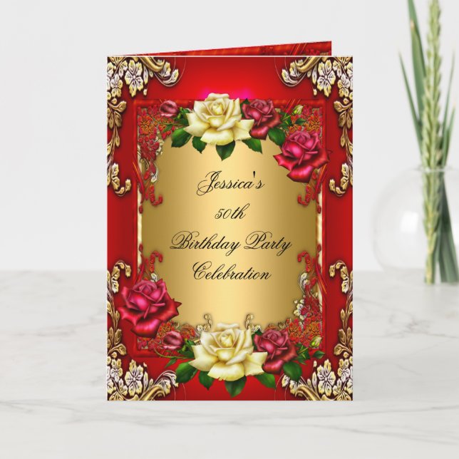 Invitación Fiesta Cumpleaños 50 Rojo Rosa Dorado (Anverso)