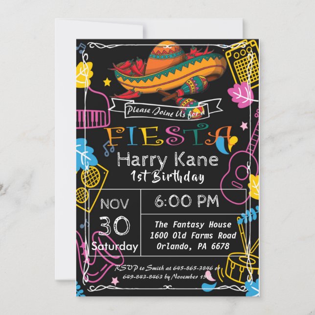 Invitación Fiesta Cumpleaños Chalkboard Mexicano (Anverso)