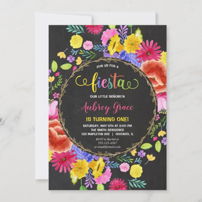 Invitación Fiesta cumpleaños chica acuarelas florales (Anverso)