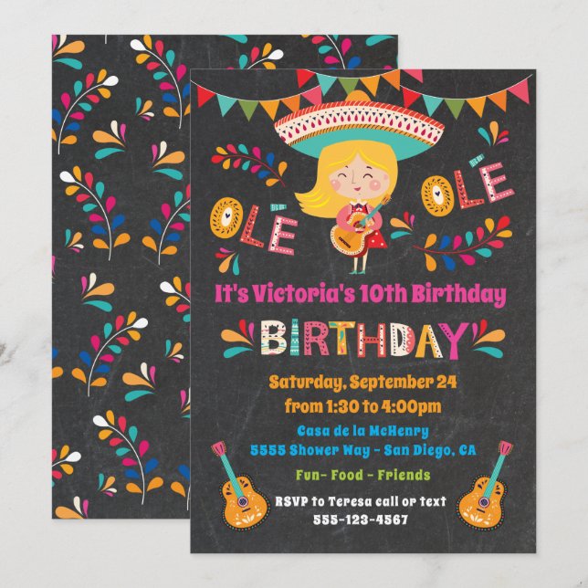 Invitación Fiesta Cumpleaños de Mariachi, Chica Mexicano (Anverso / Reverso)