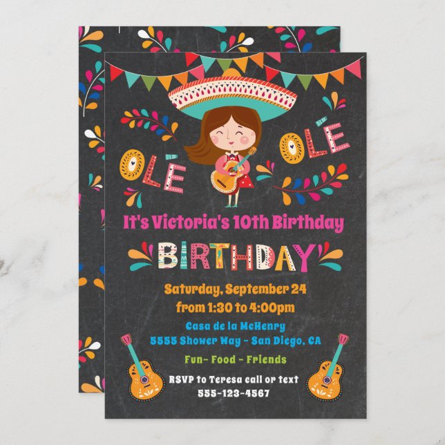 Invitación Fiesta Cumpleaños de Mariachi, Chica Mexicano (Anverso / Reverso)