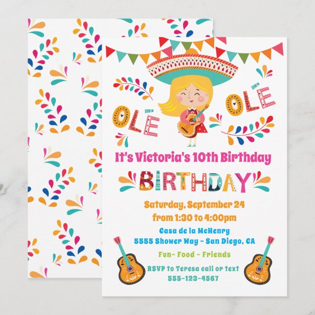 Invitación Fiesta Cumpleaños de Mariachi, Chica Mexicano (Anverso / Reverso)