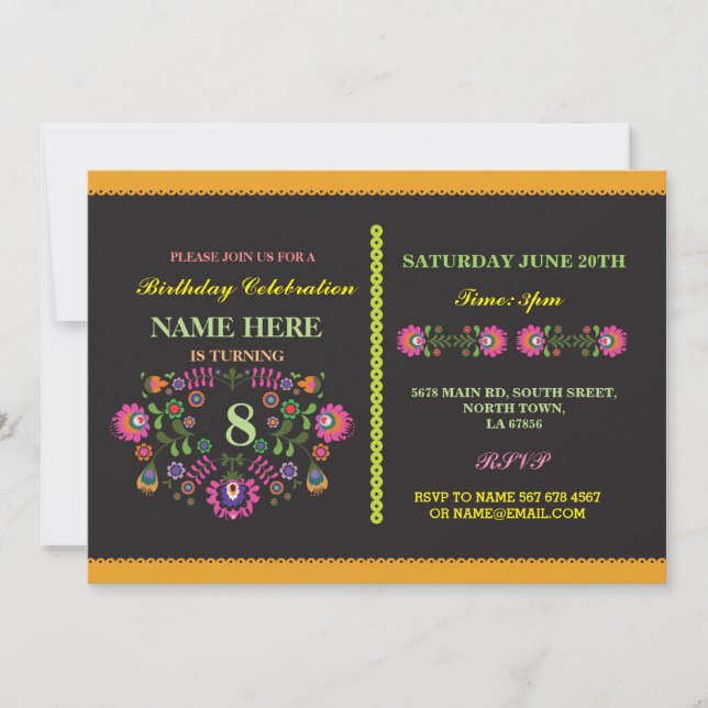 Invitación Fiesta Cumpleaños Patrón Floral Mexicano Invitado (Anverso)