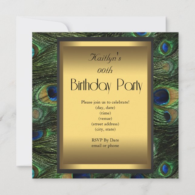 Invitación Fiesta Cumpleaños Pavo Real Verde Azul Dorado (Anverso)