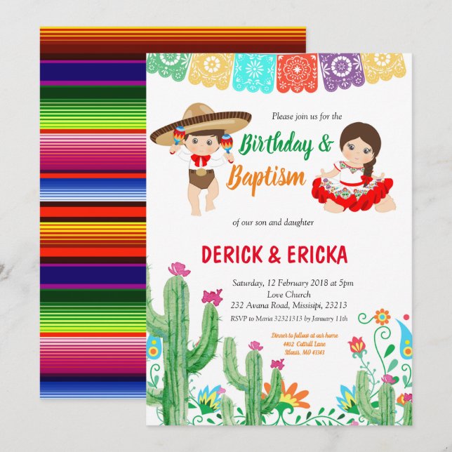 Invitación Fiesta Cumpleaños y Bautismo para gemelos y chica (Anverso / Reverso)