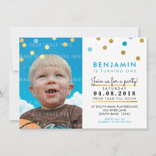Invitación FIESTA CUTE cumpleaños INVITE azul faux gold spot  (Anverso)