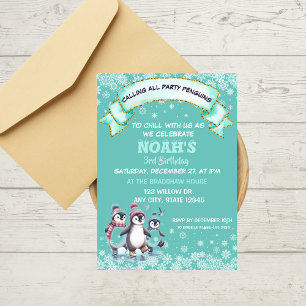 Invitación Fiesta Cute Cumpleaños Niño Nieva Pingüinos