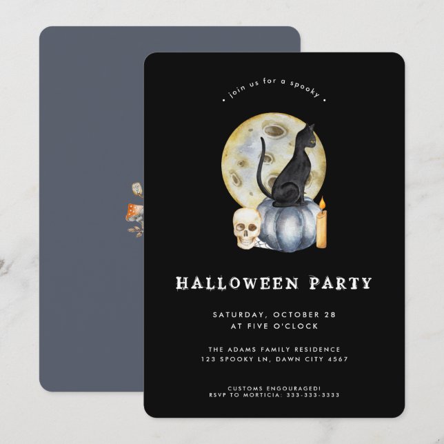 Invitación Fiesta Cute Halloween Watercolor Cat Moon (Anverso / Reverso)