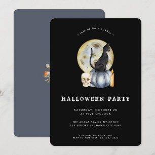 Invitación Fiesta Cute Halloween Watercolor Cat Moon