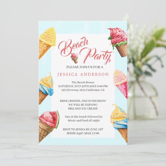 Invitación Fiesta Cute Ice Cream Summer Beach (Anverso de pie)