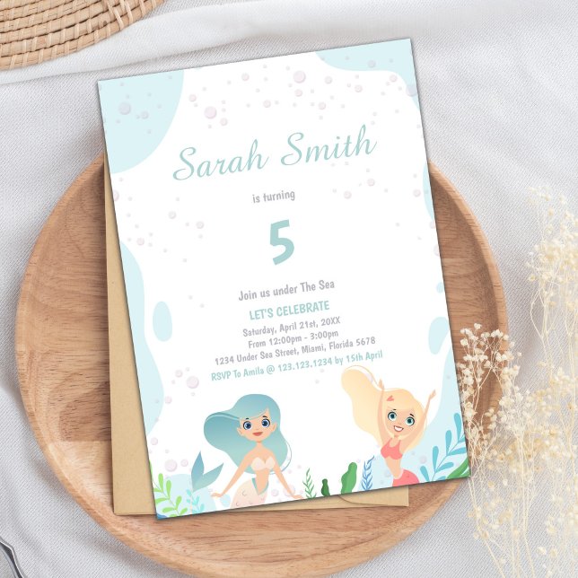 Invitación Fiesta Cute Under the Sea para Chicas (Blond Mermaid Birthday Invitations)
