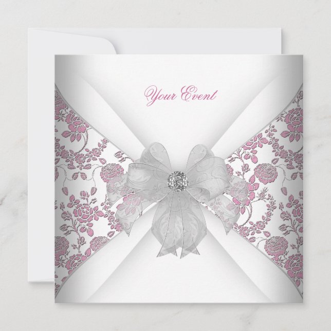 Invitación Fiesta Damask White Pink Floral Jewon Bow (Anverso)