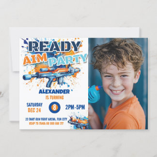 Invitación Fiesta Dart Gun Foto de cumpleaños Naranja azul Ca
