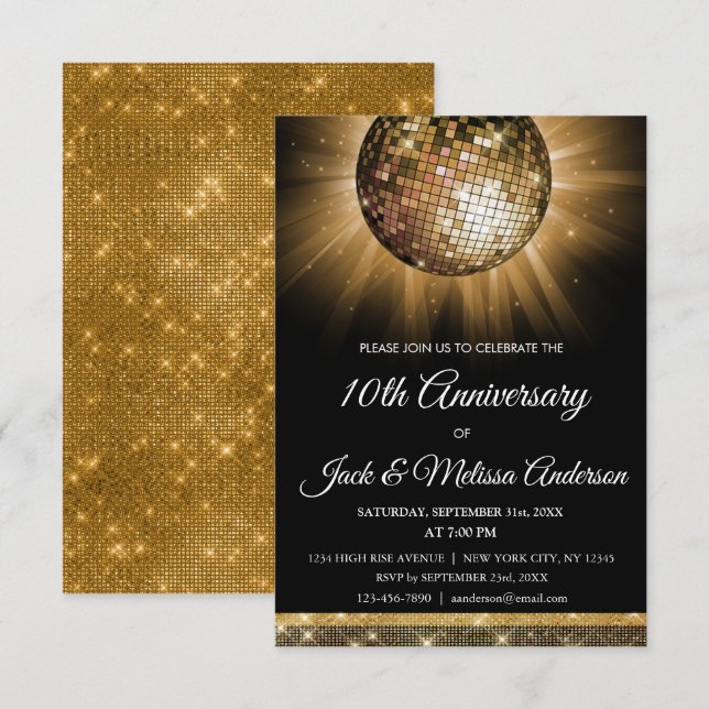 Invitación Fiesta de 10º Aniversario de Boda Bola de Discotec (Anverso / Reverso)