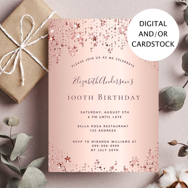 Invitación Fiesta de 100 cumpleaños rosa estrellas de oro roc (Subido por el creador)
